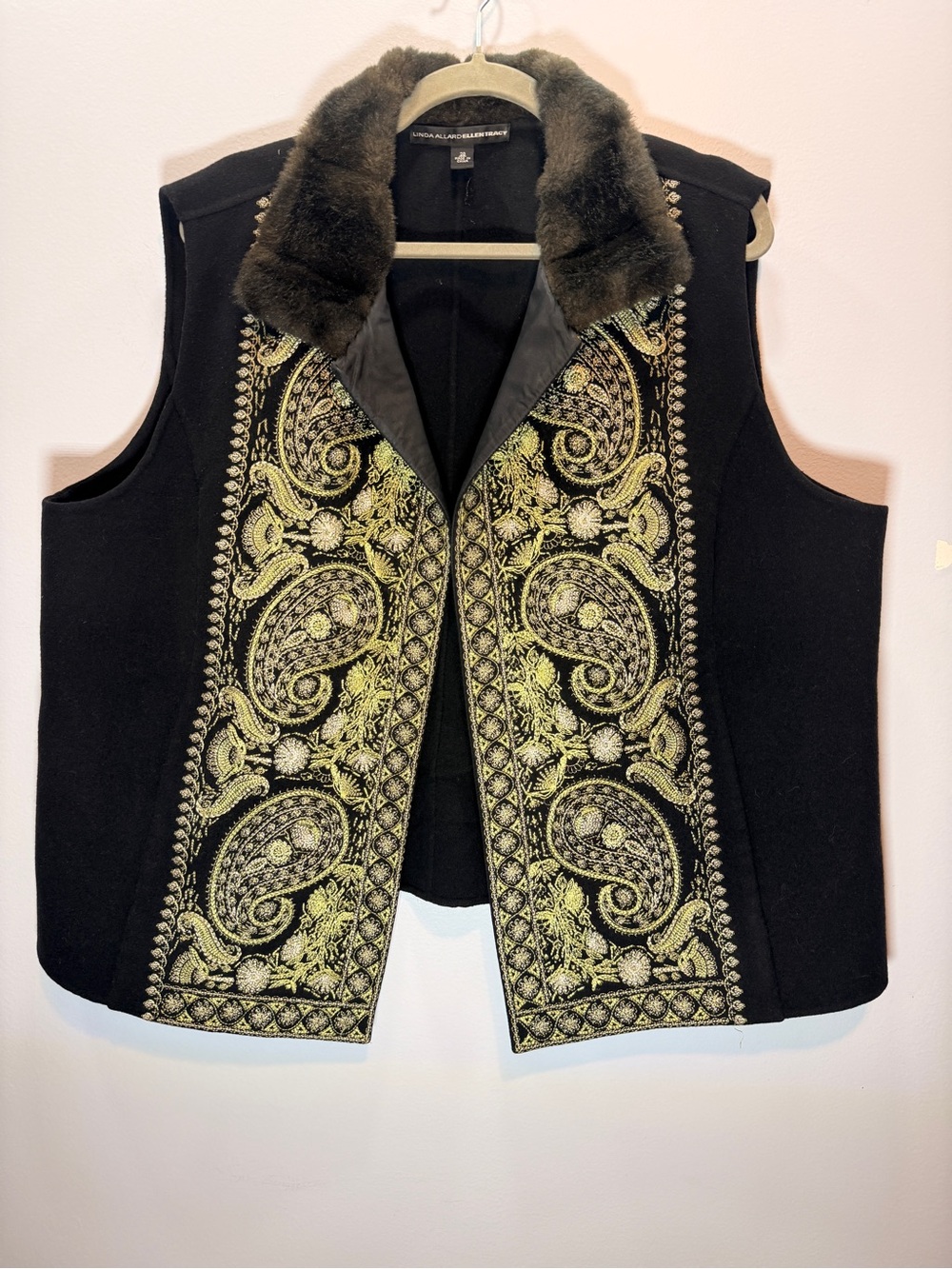 Black Embroidered Wool Vest with Faux Fur Collar by Linda Allard Ellen Tracy